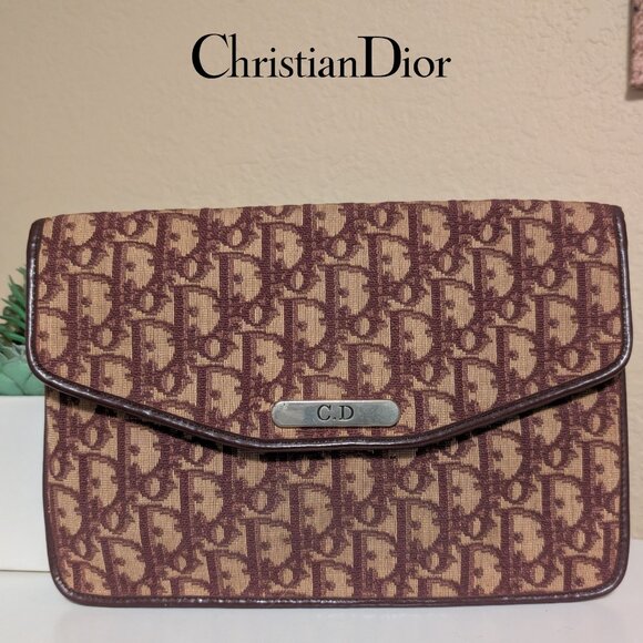 Christian Dior, Trotter Canvas Clutch Bag in Burgundy, VINTAGE - Picture 1 of 12